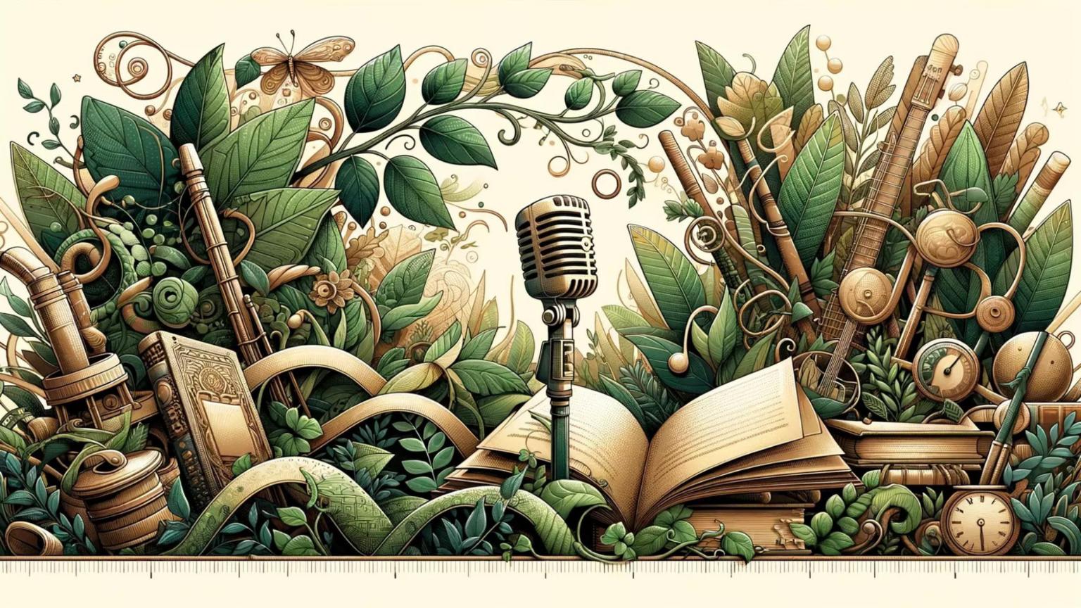 An image of a book, microphone, pencils, and clocks surrounded by green vines and leaves.